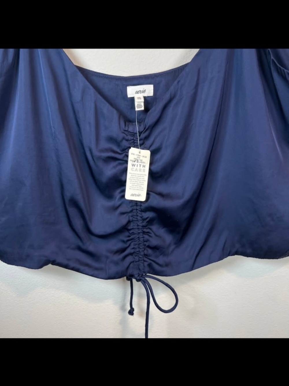 Aerie Satin Cinched Front Crop Tank Top Shirt Navy Blue V-Neck Strappy NEW XXL - Picture 3 of 10